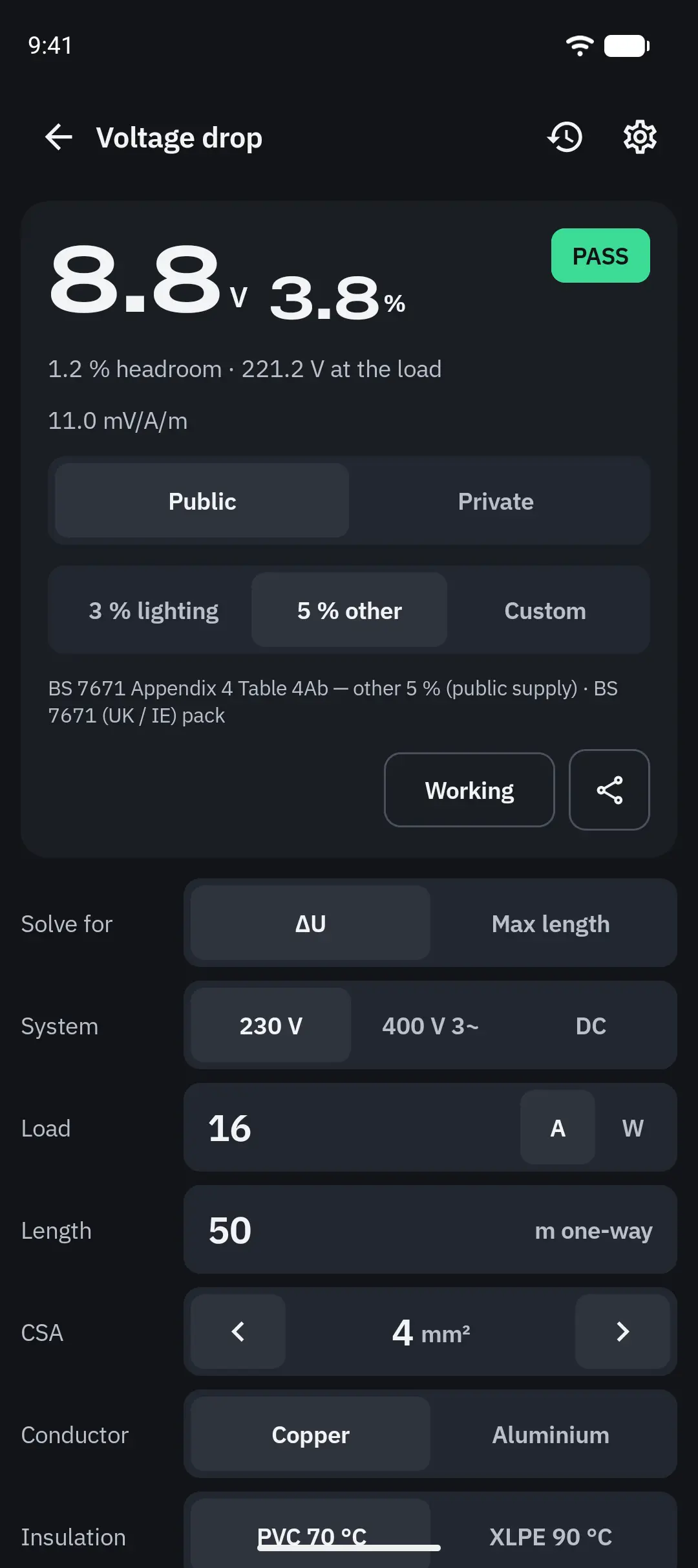 One size up, 4 mm²: 8.8 V, 3.8 % — PASS at 5 %.