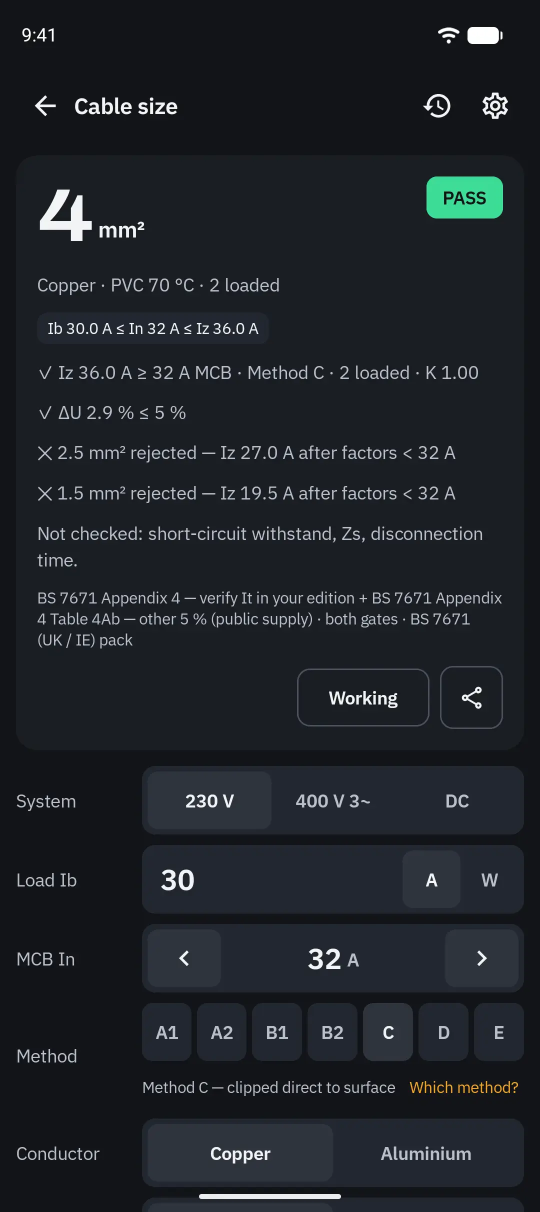30 A on a 32 A breaker, method C, 20 m: 4 mm² with Iz 36 A and a 2.9 % drop — PASS on both gates.