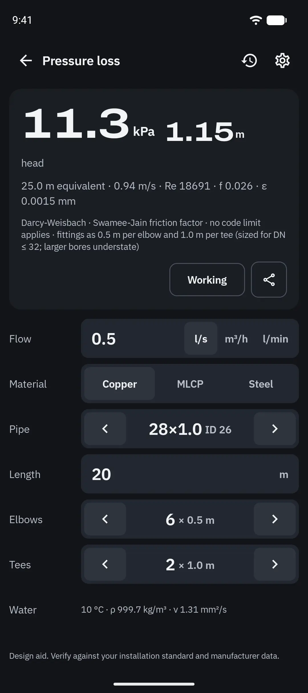 0.5 l/s through 20 m of 26 mm copper with 6 elbows and 2 tees: 11.3 kPa, 1.15 m head.