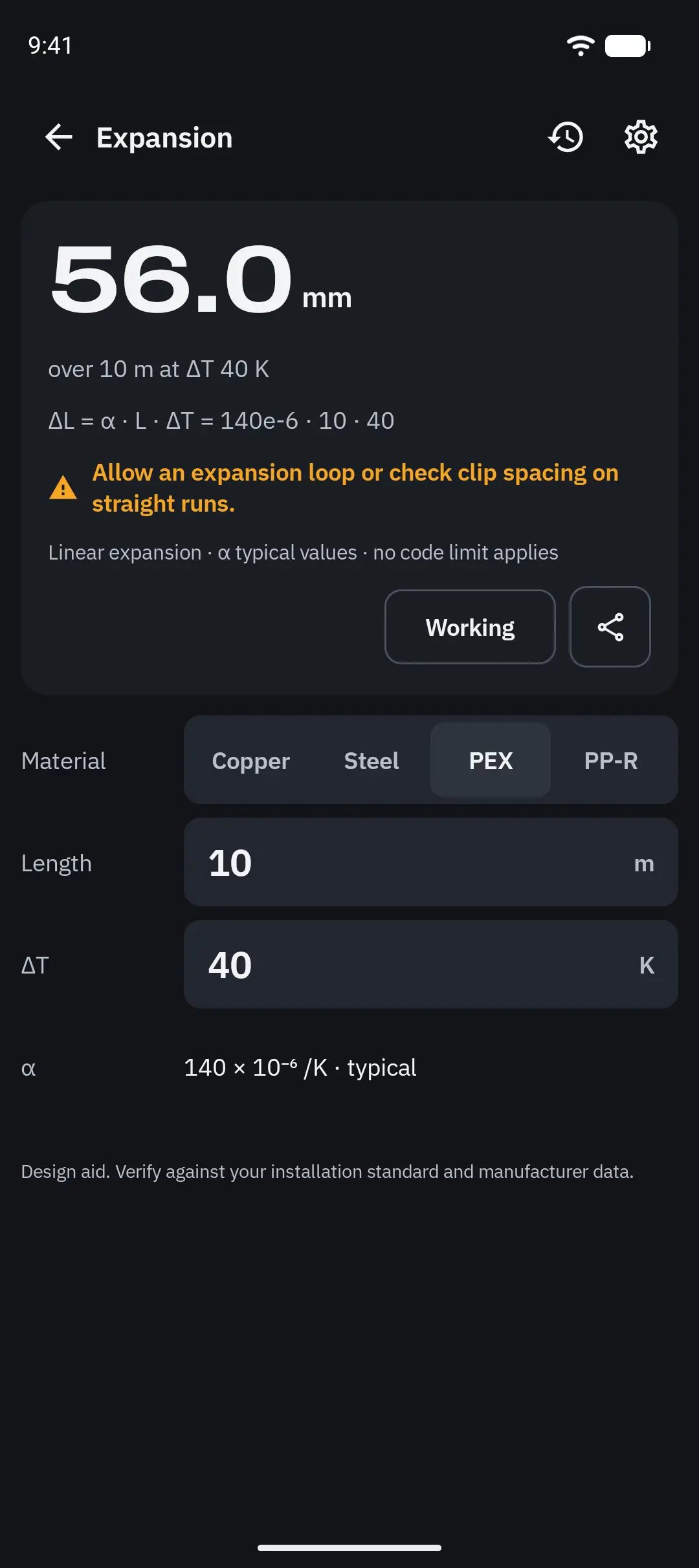 10 m of PEX warmed by 40 K grows 56.0 mm.